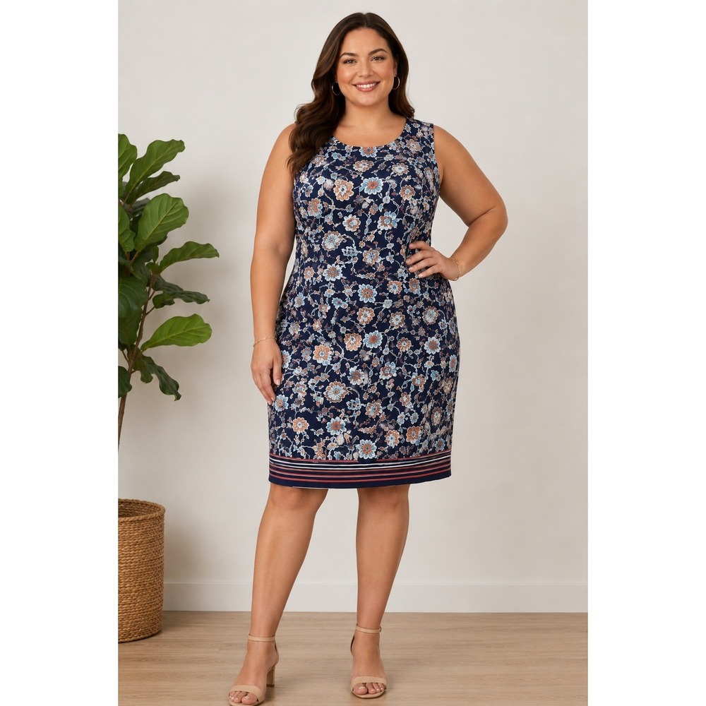 Talbots Plus Sheath Dress Womens 2X Navy Floral Stretchy Office Non-Wrinkle